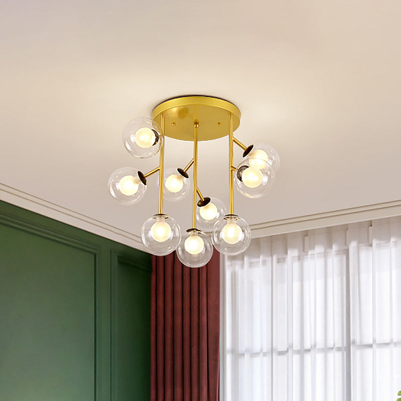 Ball Semi Mount Lighting Modern Clear Glass 9/12 Heads Living Room Close to Ceiling Lamp in Black/Gold Clearhalo 'Ceiling Lights' 'Close To Ceiling Lights' 'Close to ceiling' 'Glass shade' 'Glass' 'Semi-flushmount' Lighting' 798721
