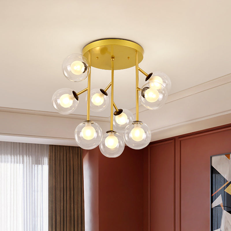 Ball Semi Mount Lighting Modern Clear Glass 9/12 Heads Living Room Close to Ceiling Lamp in Black/Gold Clearhalo 'Ceiling Lights' 'Close To Ceiling Lights' 'Close to ceiling' 'Glass shade' 'Glass' 'Semi-flushmount' Lighting' 798722