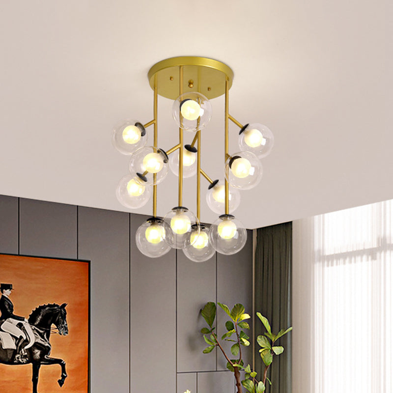 Ball Semi Mount Lighting Modern Clear Glass 9/12 Heads Living Room Close to Ceiling Lamp in Black/Gold Clearhalo 'Ceiling Lights' 'Close To Ceiling Lights' 'Close to ceiling' 'Glass shade' 'Glass' 'Semi-flushmount' Lighting' 798725