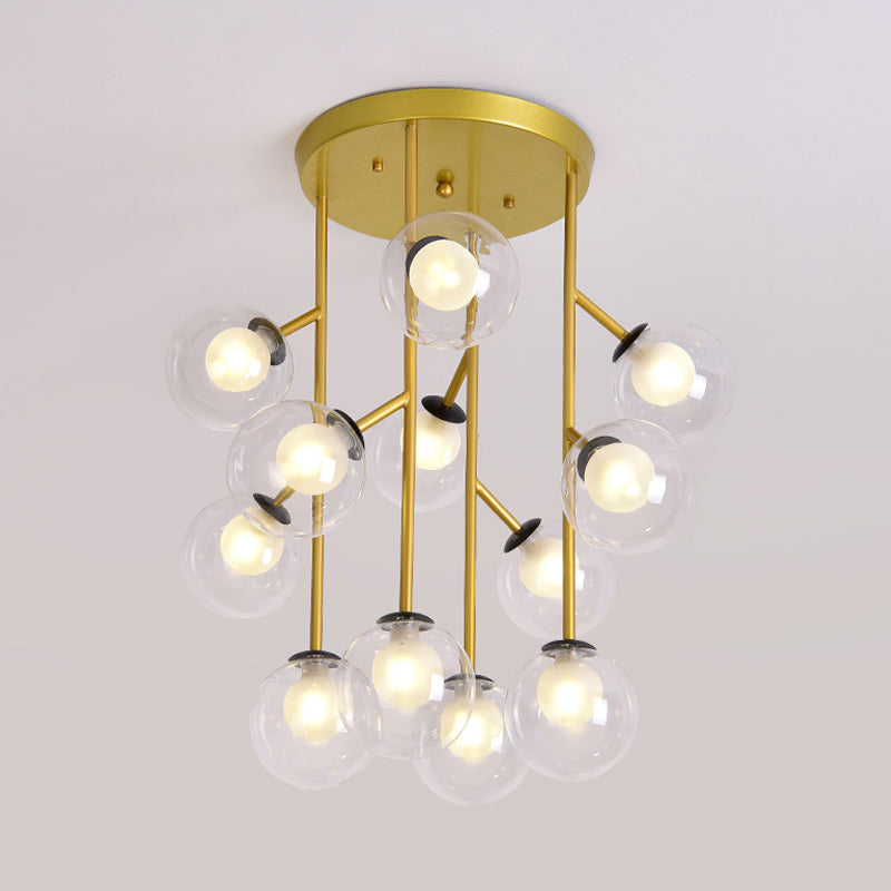 Ball Semi Mount Lighting Modern Clear Glass 9/12 Heads Living Room Close to Ceiling Lamp in Black/Gold Clearhalo 'Ceiling Lights' 'Close To Ceiling Lights' 'Close to ceiling' 'Glass shade' 'Glass' 'Semi-flushmount' Lighting' 798727