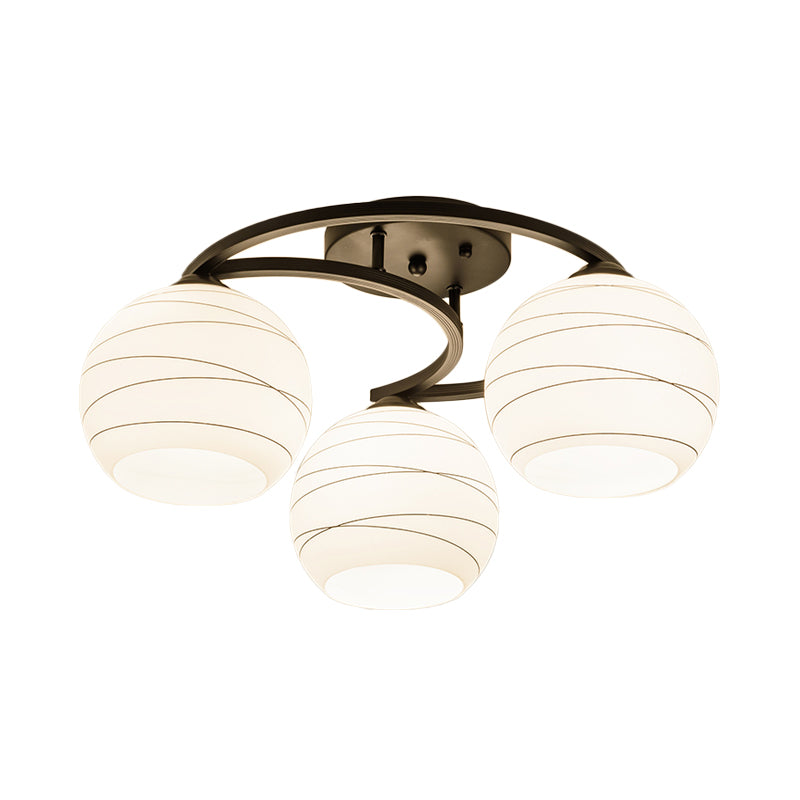 Moon Frame Iron Semi Mount Lighting Modern 3/6-Light Black Flush Lamp with Spherical White Glass Shade Clearhalo 'Ceiling Lights' 'Close To Ceiling Lights' 'Close to ceiling' 'Glass shade' 'Glass' 'Semi-flushmount' Lighting' 798729