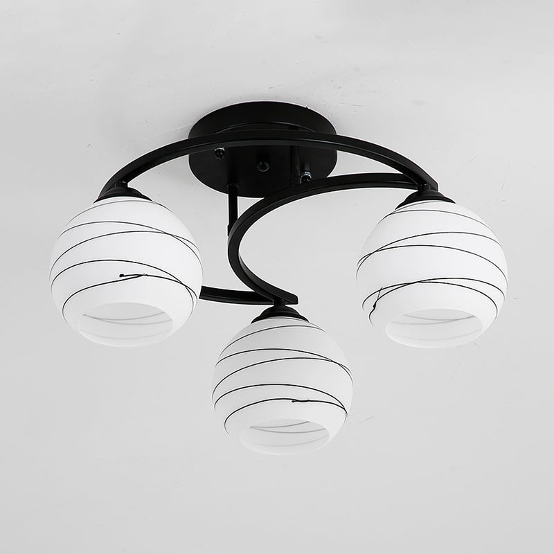 Moon Frame Iron Semi Mount Lighting Modern 3/6-Light Black Flush Lamp with Spherical White Glass Shade Clearhalo 'Ceiling Lights' 'Close To Ceiling Lights' 'Close to ceiling' 'Glass shade' 'Glass' 'Semi-flushmount' Lighting' 798730