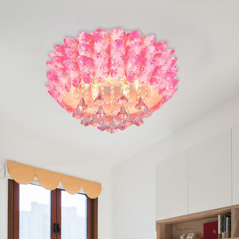 5 Lights Flush Mount Lamp Modernism Blossom Crystal Ceiling Lighting in Pink/Purple for Bedroom Pink Clearhalo 'Ceiling Lights' 'Close To Ceiling Lights' 'Close to ceiling' 'Flush mount' Lighting' 798814