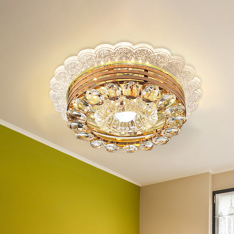 Clear Crystal Drop Gold Flushmount Light Scalloped Edge LED Minimalist Ceiling Lighting with Metal Round Design Gold Clearhalo 'Ceiling Lights' 'Close To Ceiling Lights' 'Close to ceiling' 'Flush mount' Lighting' 798832