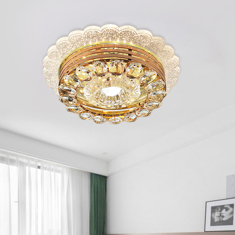 Clear Crystal Drop Gold Flushmount Light Scalloped Edge LED Minimalist Ceiling Lighting with Metal Round Design Clearhalo 'Ceiling Lights' 'Close To Ceiling Lights' 'Close to ceiling' 'Flush mount' Lighting' 798833