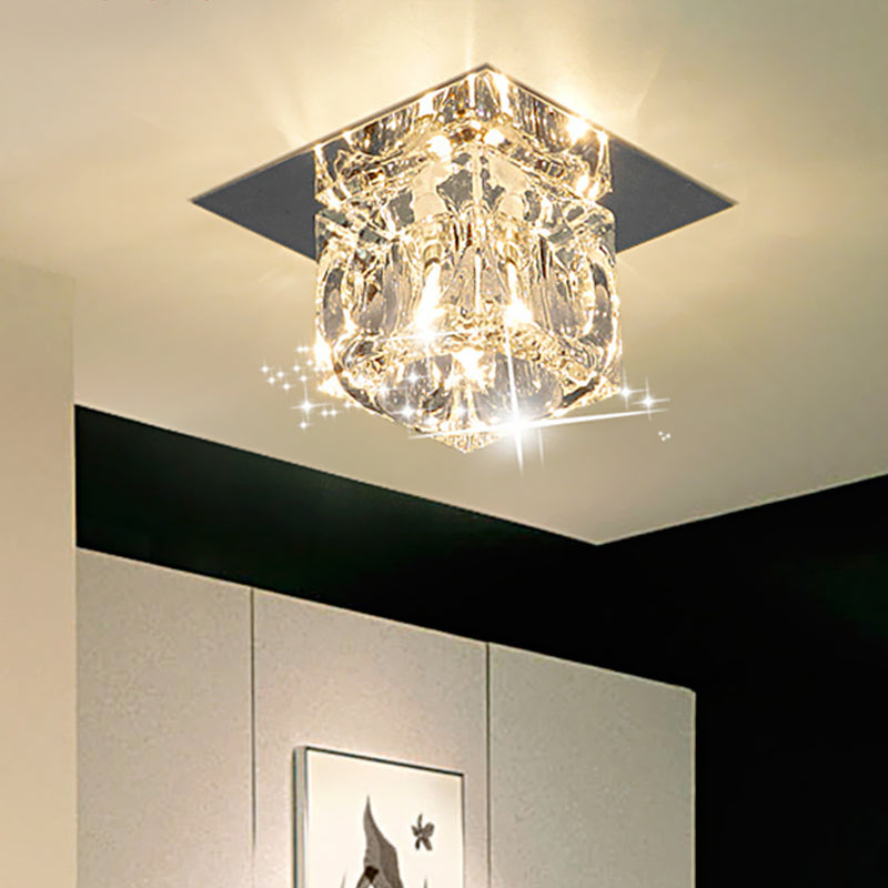 Square Beveled Crystal Flush Light Fixture Minimal LED Corridor Close to Ceiling Lamp in Chrome, Warm/White Light Chrome Clearhalo 'Ceiling Lights' 'Close To Ceiling Lights' 'Close to ceiling' 'Flush mount' Lighting' 798848