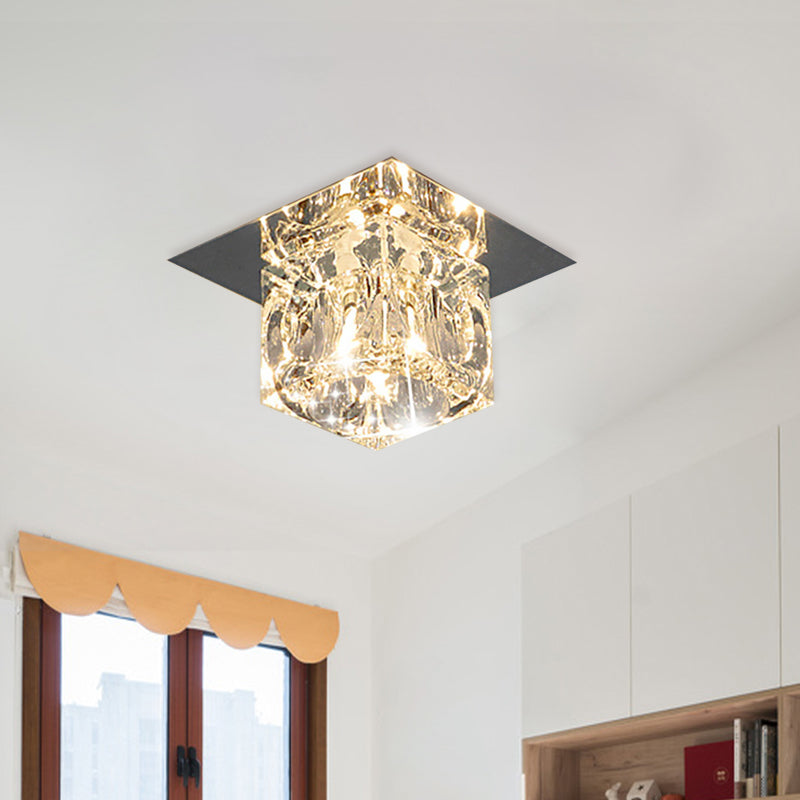 Square Beveled Crystal Flush Light Fixture Minimal LED Corridor Close to Ceiling Lamp in Chrome, Warm/White Light Clearhalo 'Ceiling Lights' 'Close To Ceiling Lights' 'Close to ceiling' 'Flush mount' Lighting' 798849