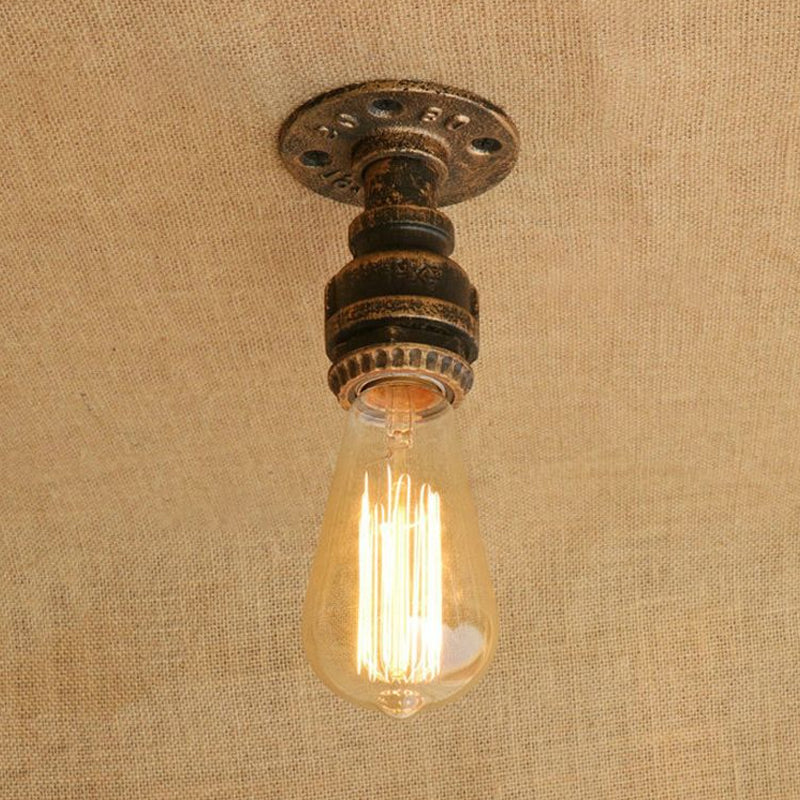 1 Head Iron Semi Flush Lighting Industrial Rustic Bronze/Antique Brass Open Bulb Corridor Ceiling Lamp Clearhalo 'Ceiling Lights' 'Close To Ceiling Lights' 'Close to ceiling' 'Semi-flushmount' Lighting' 798886