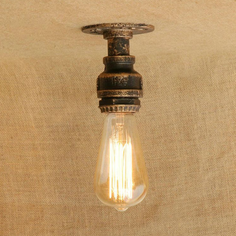 1 Head Iron Semi Flush Lighting Industrial Rustic Bronze/Antique Brass Open Bulb Corridor Ceiling Lamp Clearhalo 'Ceiling Lights' 'Close To Ceiling Lights' 'Close to ceiling' 'Semi-flushmount' Lighting' 798887