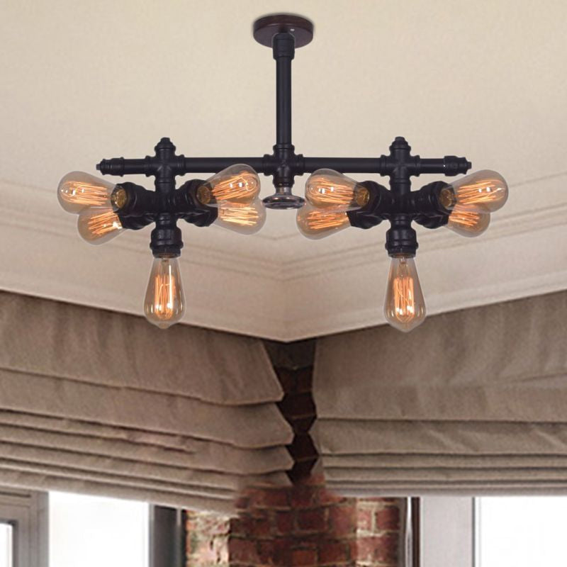 Steampunk Open Bulb Semi Flush Light with Pipe 10-Light Metallic Ceiling Light Fixture in Black for Living Room Clearhalo 'Ceiling Lights' 'Close To Ceiling Lights' 'Close to ceiling' 'Semi-flushmount' Lighting' 798890