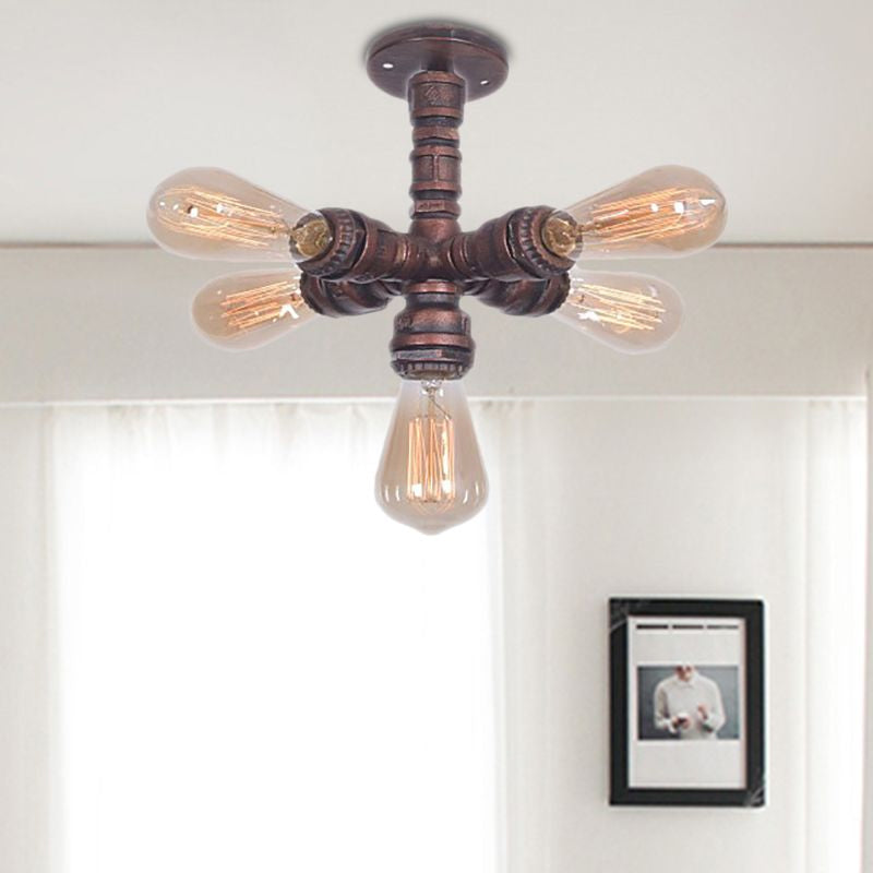 Copper Sputnik Semi Mount Lighting with Water Pipe Farmhouse Wrought Iron 5 Bulbs Bedroom Ceiling Lamp Clearhalo 'Ceiling Lights' 'Close To Ceiling Lights' 'Close to ceiling' 'Semi-flushmount' Lighting' 798892