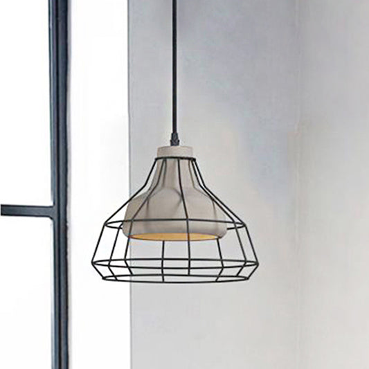 Cement Cone Suspension Light Modernist 1 Light Black Hanging Pendant Lamp with Wire-Cage Shade, 10.5"/14" Wide Black 10.5" Clearhalo 'Ceiling Lights' 'Modern Pendants' 'Modern' 'Pendant Lights' 'Pendants' Lighting' 798908