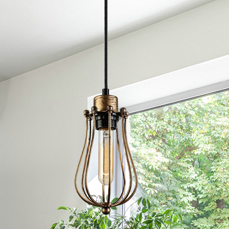 Caged Metal Pendant Light Industrial 1 Bulb Dining Room Hanging Lamp with Teardrop Shade in Brass/White/Black Clearhalo 'Ceiling Lights' 'Modern Pendants' 'Modern' 'Pendant Lights' 'Pendants' Lighting' 798918