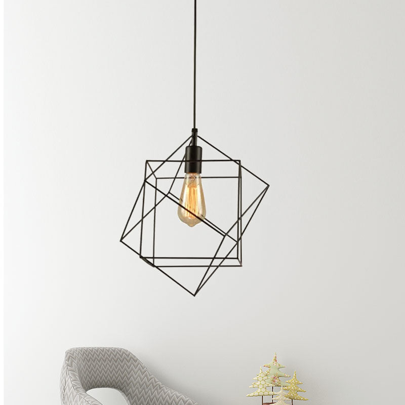 1 Light Structural Cubic Hanging Lamp Industrial Black Metal Pendant Light for Dining Room Clearhalo 'Ceiling Lights' 'Modern Pendants' 'Modern' 'Pendant Lights' 'Pendants' Lighting' 798923