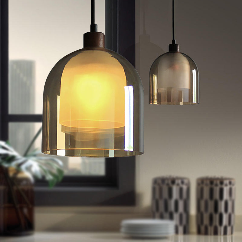 Amber Glass Bell Pendant Light Contemporary 1 Head Light Bronze Ceiling Lamp with Inner Glass Shade Amber Clearhalo 'Ceiling Lights' 'Glass shade' 'Glass' 'Modern Pendants' 'Modern' 'Pendant Lights' 'Pendants' Lighting' 798947