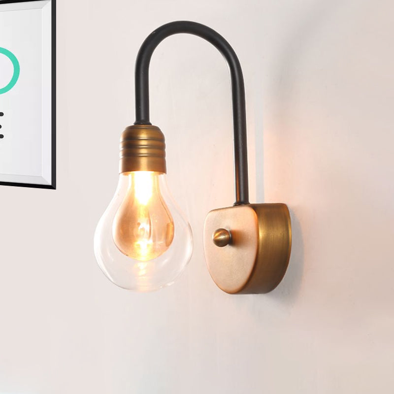 Clear Glass Bulb Wall Lighting Contemporary 1/2/3 Lights Led Wall Sconce Light in Brass with Curved Arm Clearhalo 'Cast Iron' 'Glass' 'Industrial' 'Modern wall lights' 'Modern' 'Tiffany' 'Traditional wall lights' 'Wall Lamps & Sconces' 'Wall Lights' Lighting' 798985