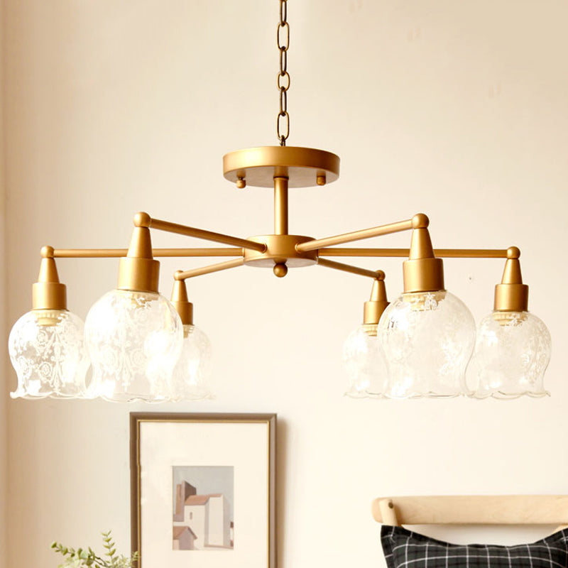 Flower Shape Living Room Semi Mount Lighting Traditional Clear Glass 6 Lights Gold Semi Flush Light Clearhalo 'Ceiling Lights' 'Close To Ceiling Lights' 'Close to ceiling' 'Glass shade' 'Glass' 'Semi-flushmount' Lighting' 799045