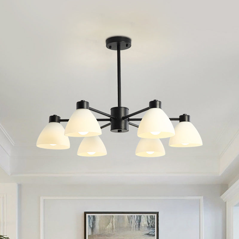 6/8/12-Head Dining Room Suspension Light Modern Style Black Finish Chandelier Lamp with Dome White Glass Shade Clearhalo 'Ceiling Lights' 'Chandeliers' 'Glass shade' 'Glass' 'Modern Chandeliers' 'Modern' Lighting' 799050