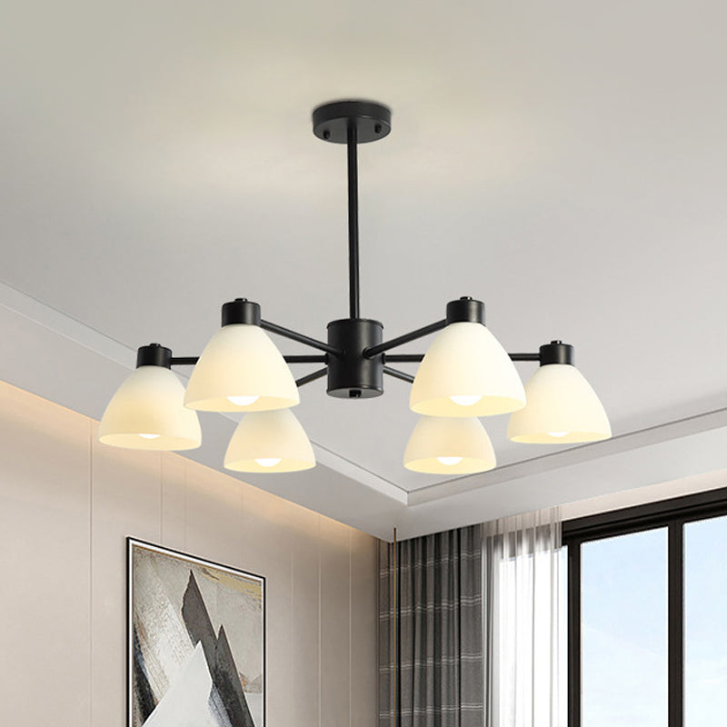 6/8/12-Head Dining Room Suspension Light Modern Style Black Finish Chandelier Lamp with Dome White Glass Shade Clearhalo 'Ceiling Lights' 'Chandeliers' 'Glass shade' 'Glass' 'Modern Chandeliers' 'Modern' Lighting' 799051