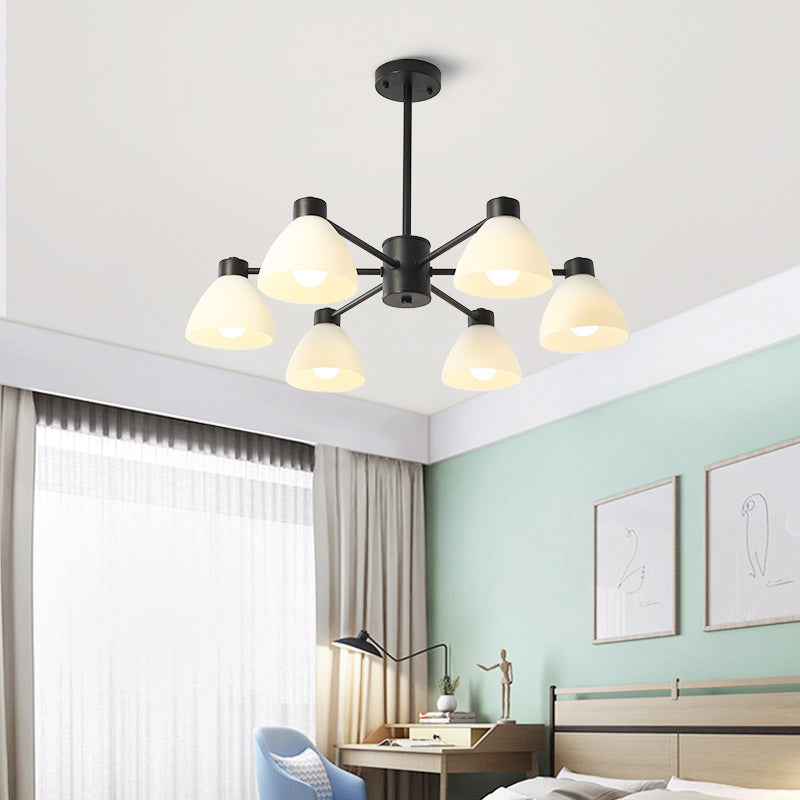 6/8/12-Head Dining Room Suspension Light Modern Style Black Finish Chandelier Lamp with Dome White Glass Shade Clearhalo 'Ceiling Lights' 'Chandeliers' 'Glass shade' 'Glass' 'Modern Chandeliers' 'Modern' Lighting' 799052