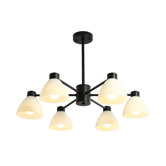 6/8/12-Head Dining Room Suspension Light Modern Style Black Finish Chandelier Lamp with Dome White Glass Shade Clearhalo 'Ceiling Lights' 'Chandeliers' 'Glass shade' 'Glass' 'Modern Chandeliers' 'Modern' Lighting' 799053