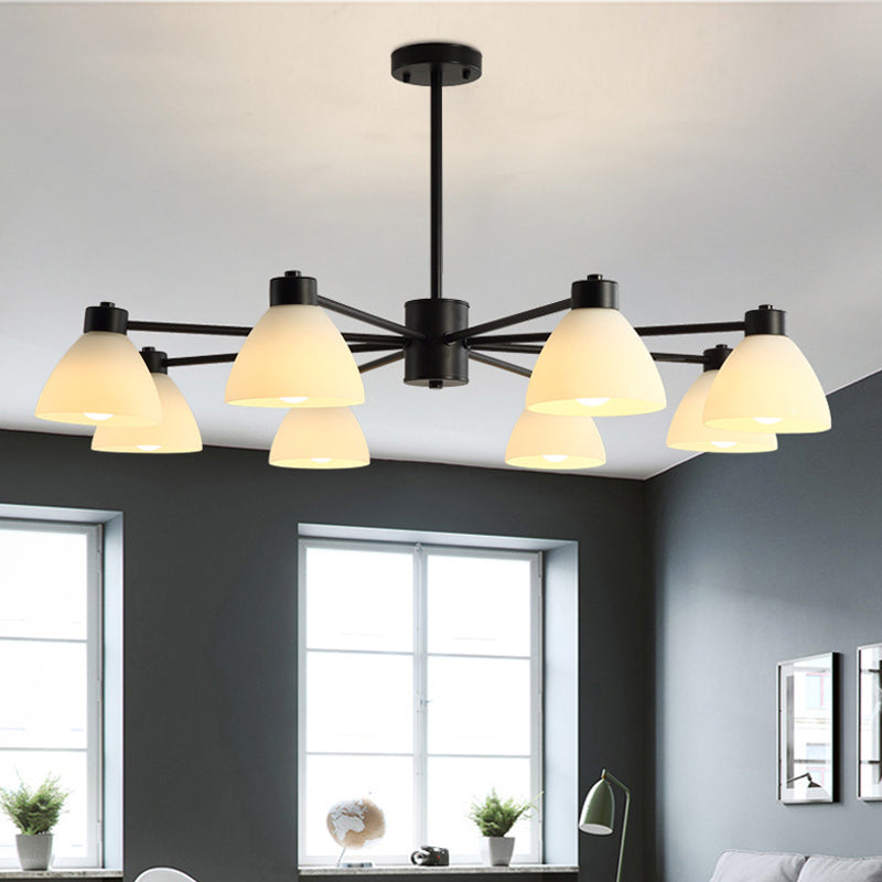 6/8/12-Head Dining Room Suspension Light Modern Style Black Finish Chandelier Lamp with Dome White Glass Shade 8 Black Clearhalo 'Ceiling Lights' 'Chandeliers' 'Glass shade' 'Glass' 'Modern Chandeliers' 'Modern' Lighting' 799055