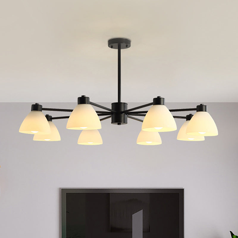 6/8/12-Head Dining Room Suspension Light Modern Style Black Finish Chandelier Lamp with Dome White Glass Shade Clearhalo 'Ceiling Lights' 'Chandeliers' 'Glass shade' 'Glass' 'Modern Chandeliers' 'Modern' Lighting' 799056