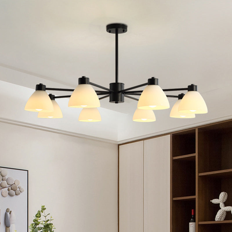 6/8/12-Head Dining Room Suspension Light Modern Style Black Finish Chandelier Lamp with Dome White Glass Shade Clearhalo 'Ceiling Lights' 'Chandeliers' 'Glass shade' 'Glass' 'Modern Chandeliers' 'Modern' Lighting' 799057