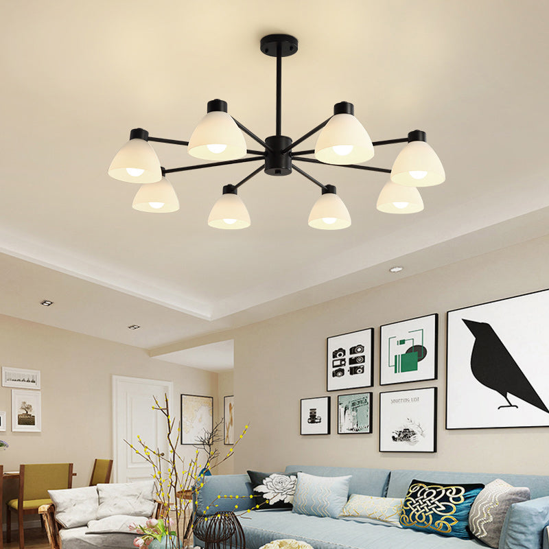 6/8/12-Head Dining Room Suspension Light Modern Style Black Finish Chandelier Lamp with Dome White Glass Shade Clearhalo 'Ceiling Lights' 'Chandeliers' 'Glass shade' 'Glass' 'Modern Chandeliers' 'Modern' Lighting' 799058