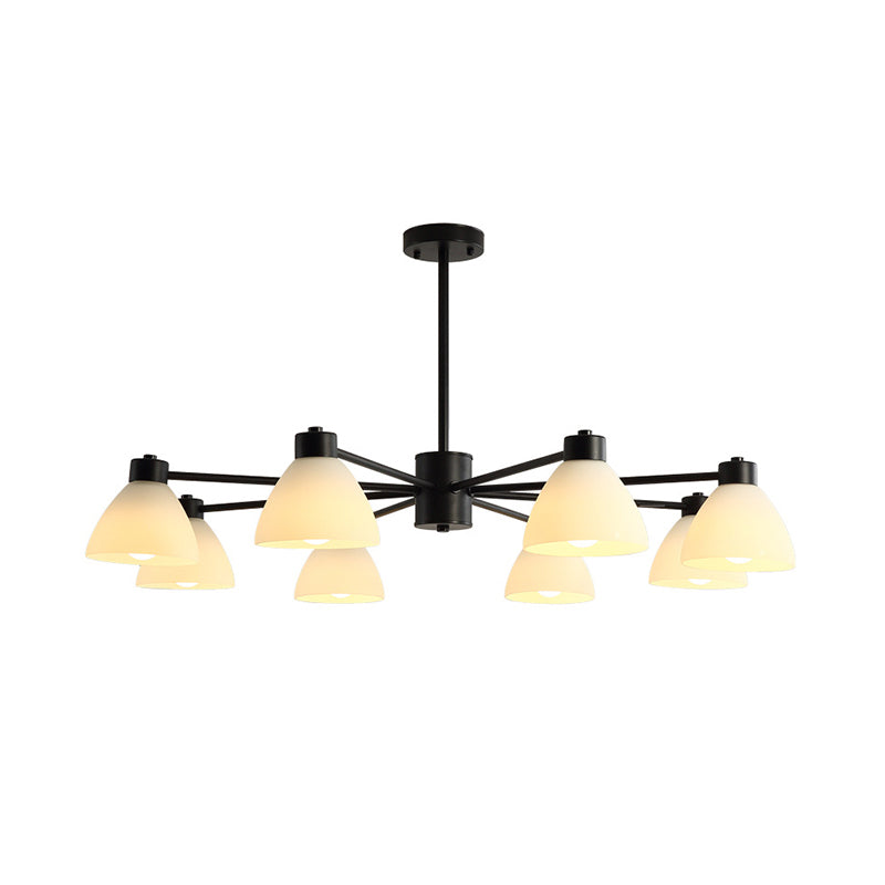 6/8/12-Head Dining Room Suspension Light Modern Style Black Finish Chandelier Lamp with Dome White Glass Shade Clearhalo 'Ceiling Lights' 'Chandeliers' 'Glass shade' 'Glass' 'Modern Chandeliers' 'Modern' Lighting' 799059