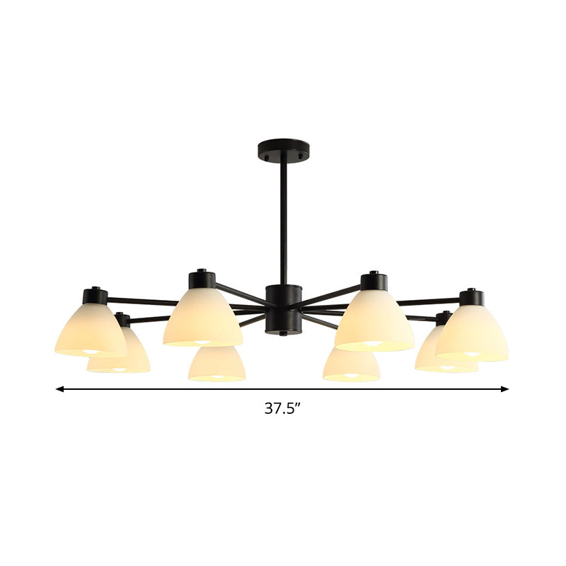 6/8/12-Head Dining Room Suspension Light Modern Style Black Finish Chandelier Lamp with Dome White Glass Shade Clearhalo 'Ceiling Lights' 'Chandeliers' 'Glass shade' 'Glass' 'Modern Chandeliers' 'Modern' Lighting' 799060