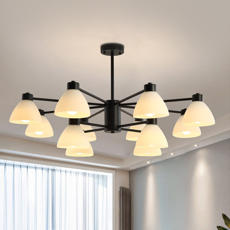 6/8/12-Head Dining Room Suspension Light Modern Style Black Finish Chandelier Lamp with Dome White Glass Shade 12 Black Clearhalo 'Ceiling Lights' 'Chandeliers' 'Glass shade' 'Glass' 'Modern Chandeliers' 'Modern' Lighting' 799061