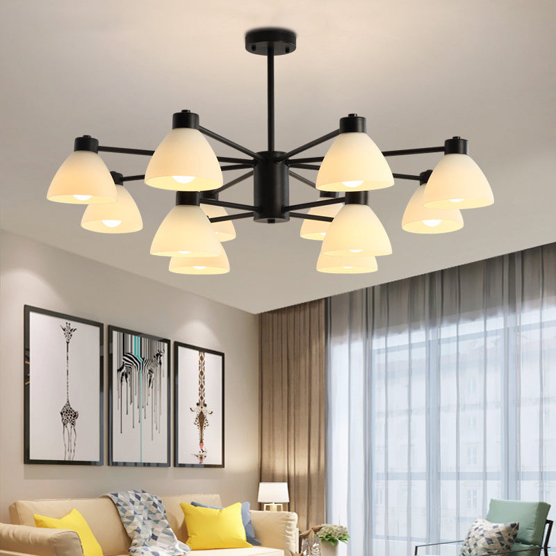 6/8/12-Head Dining Room Suspension Light Modern Style Black Finish Chandelier Lamp with Dome White Glass Shade Clearhalo 'Ceiling Lights' 'Chandeliers' 'Glass shade' 'Glass' 'Modern Chandeliers' 'Modern' Lighting' 799062