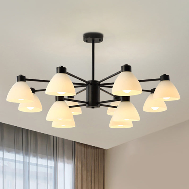 6/8/12-Head Dining Room Suspension Light Modern Style Black Finish Chandelier Lamp with Dome White Glass Shade Clearhalo 'Ceiling Lights' 'Chandeliers' 'Glass shade' 'Glass' 'Modern Chandeliers' 'Modern' Lighting' 799063