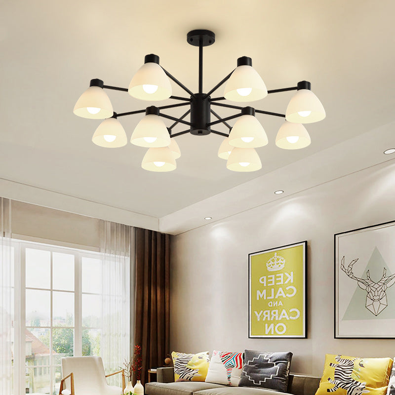 6/8/12-Head Dining Room Suspension Light Modern Style Black Finish Chandelier Lamp with Dome White Glass Shade Clearhalo 'Ceiling Lights' 'Chandeliers' 'Glass shade' 'Glass' 'Modern Chandeliers' 'Modern' Lighting' 799064