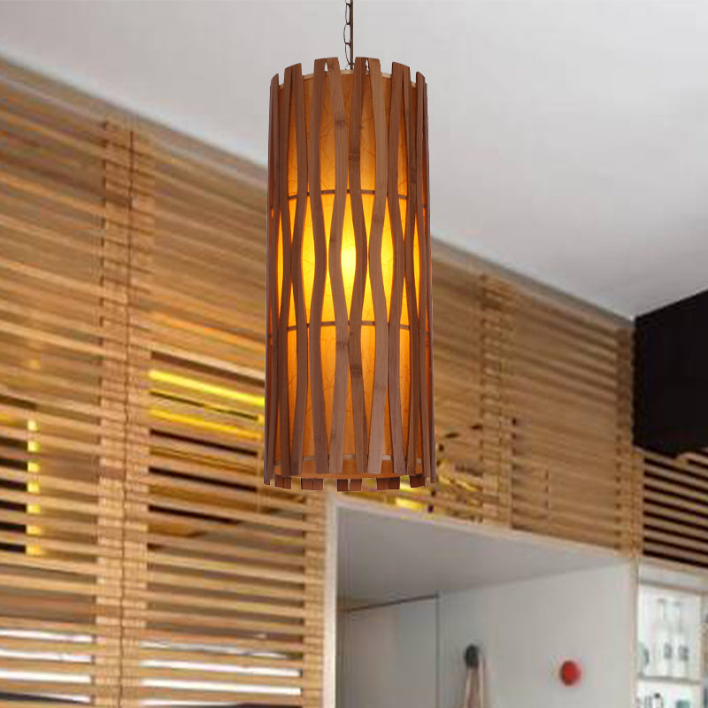 Asian Style Cylinder Ceiling Suspension Lamp Wooden Single Bulb Restaurant Hanging Light in Khaki Clearhalo 'Ceiling Lights' 'Pendant Lights' 'Pendants' Lighting' 800330