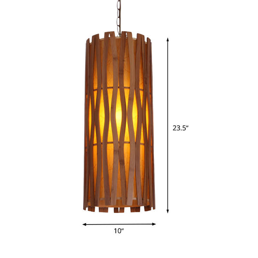 Asian Style Cylinder Ceiling Suspension Lamp Wooden Single Bulb Restaurant Hanging Light in Khaki Clearhalo 'Ceiling Lights' 'Pendant Lights' 'Pendants' Lighting' 800333