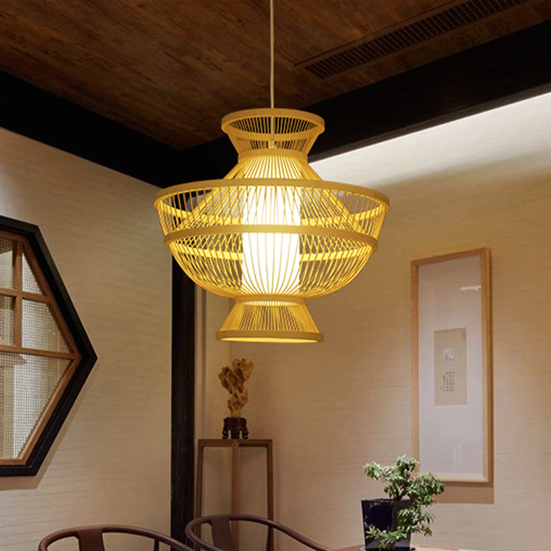 Beige Hot Pot Shaped Suspension Pendant Asian Style Single Bulb Bamboo Ceiling Lamp for Restaurant Clearhalo 'Ceiling Lights' 'Pendant Lights' 'Pendants' Lighting' 800334