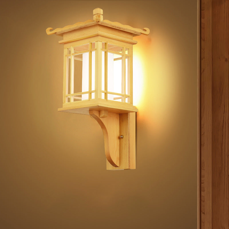 Wooden House Wall Sconce Light Fixture Asian Style Single Bulb Beige Wall Lamp Fixture for Restaurant Wood Clearhalo 'Wall Lamps & Sconces' 'Wall Lights' Lighting' 800339