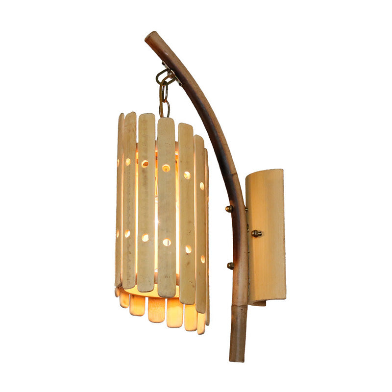 1-Head Corridor Wall Sconce Light Fixture Asian Style Beige Curved Arm Wall Mounted Lamp with Cylinder Wood Shade Clearhalo 'Wall Lamps & Sconces' 'Wall Lights' Lighting' 800347