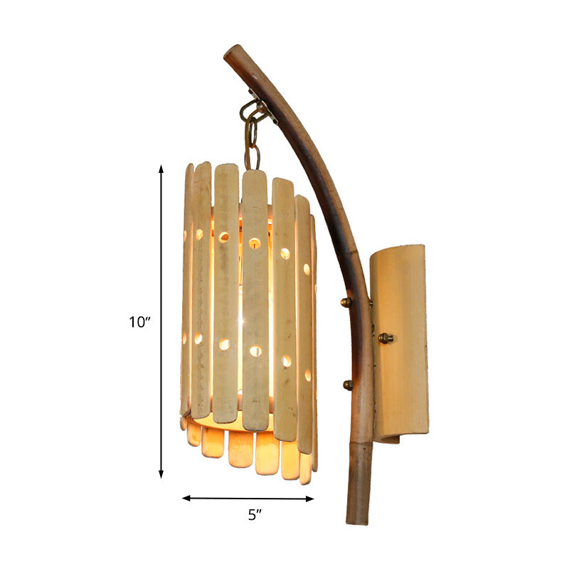 1-Head Corridor Wall Sconce Light Fixture Asian Style Beige Curved Arm Wall Mounted Lamp with Cylinder Wood Shade Clearhalo 'Wall Lamps & Sconces' 'Wall Lights' Lighting' 800348