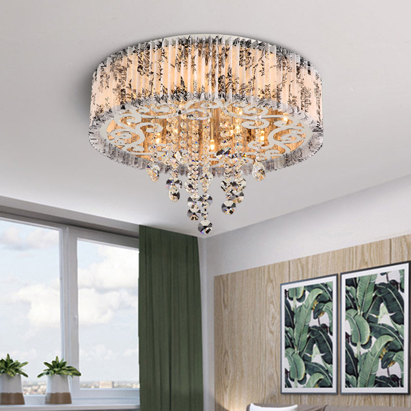 Modernist Circle Flush Ceiling Light 5 Bulbs Pleated Patterned Fabric Flushmount in White with Crystal Draping Clearhalo 'Ceiling Lights' 'Close To Ceiling Lights' 'Close to ceiling' 'Flush mount' Lighting' 800409