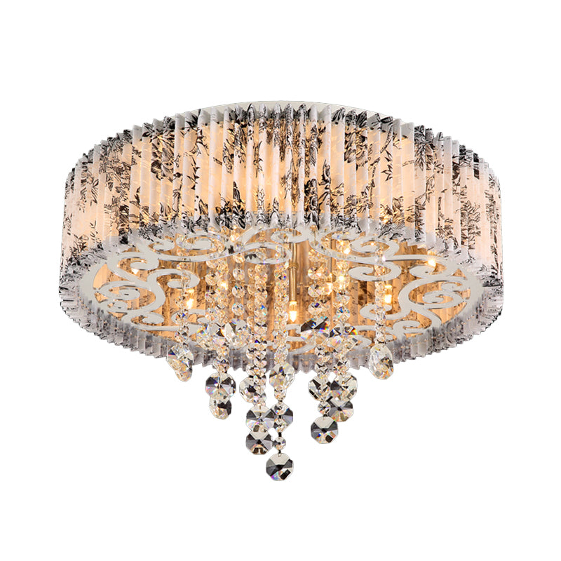 Modernist Circle Flush Ceiling Light 5 Bulbs Pleated Patterned Fabric Flushmount in White with Crystal Draping Clearhalo 'Ceiling Lights' 'Close To Ceiling Lights' 'Close to ceiling' 'Flush mount' Lighting' 800410