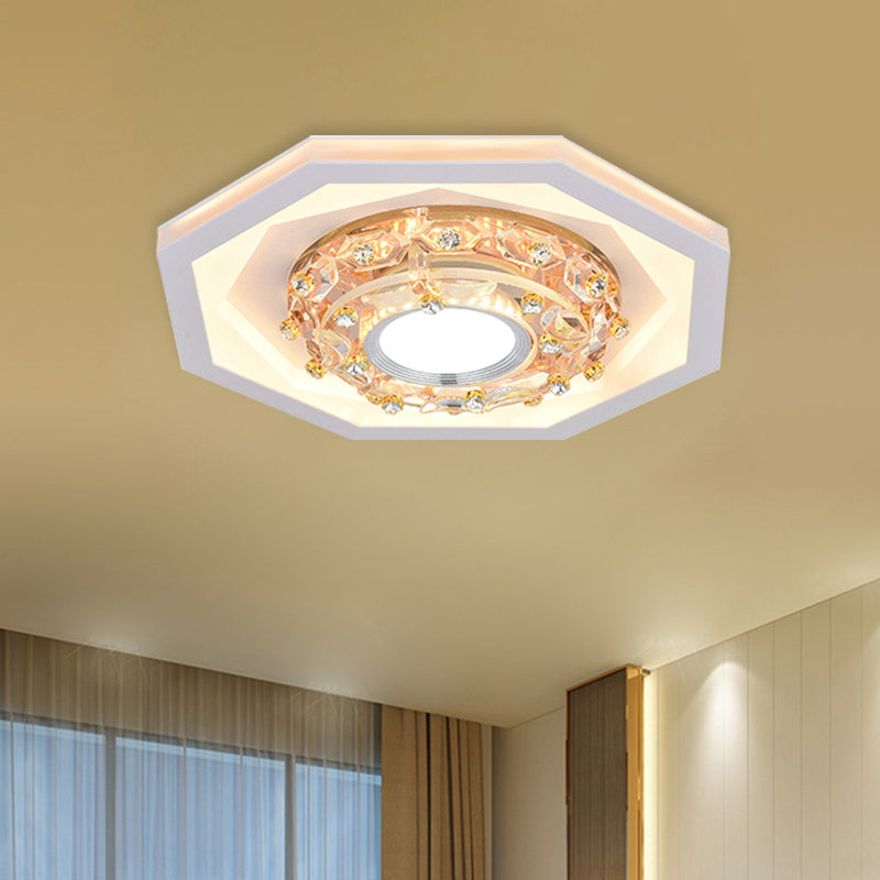 Octagon Small Foyer Ceiling Fixture Simple Acrylic White LED Flush Mount Lighting with Inserted Crystal Clearhalo 'Ceiling Lights' 'Close To Ceiling Lights' 'Close to ceiling' 'Flush mount' Lighting' 800413