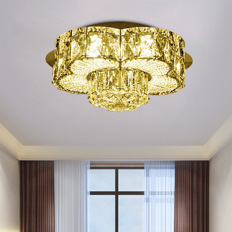 Gold LED Flush Mount Ceiling Fixture Minimalism Beveled Crystal 2-Tier Flower Flushmount Light Clearhalo 'Ceiling Lights' 'Close To Ceiling Lights' 'Close to ceiling' 'Flush mount' Lighting' 800425