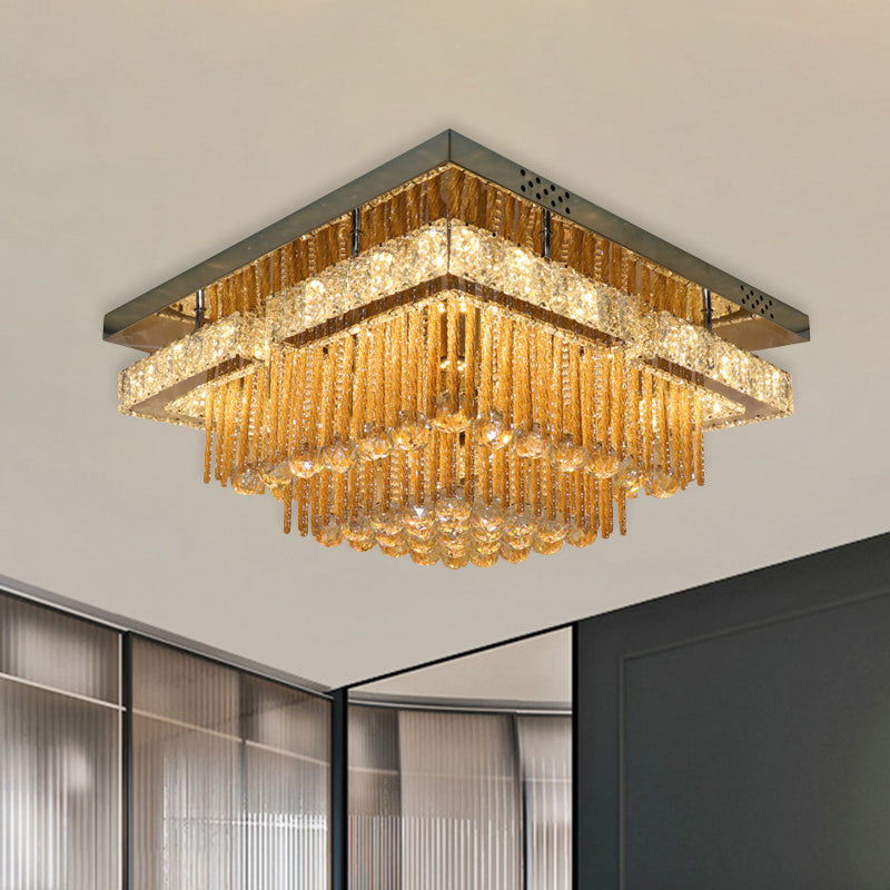 Polished Chrome Round/Square Ceiling Light Modern Draping Crystal Lounge LED Flush Mounted Light Fixture Chrome Square Clearhalo 'Ceiling Lights' 'Close To Ceiling Lights' 'Close to ceiling' 'Flush mount' Lighting' 800453