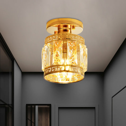 Beveled Crystal Cup Shaped Ceiling Flush Retro 1 Bulb Corridor Semi Flush Mount Light with Ornate Oriental Trim in Gold Gold Clearhalo 'Ceiling Lights' 'Close To Ceiling Lights' 'Close to ceiling' 'Semi-flushmount' Lighting' 800467