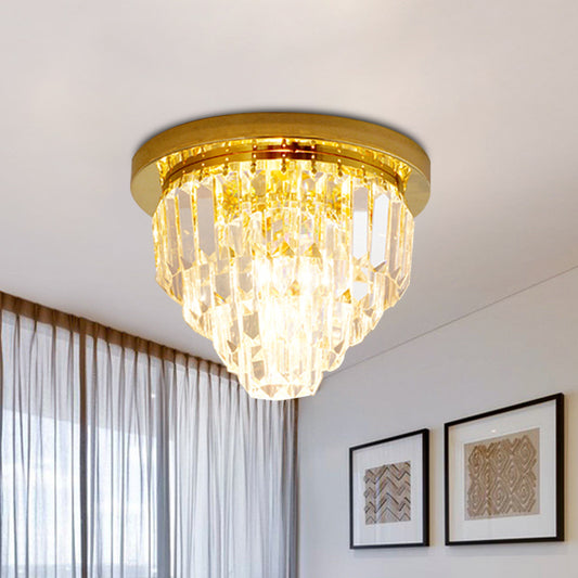 4 Bulbs Tapered Flush Ceiling Light Traditional Gold Crystal Prism Flushmount Lighting Gold Clearhalo 'Ceiling Lights' 'Close To Ceiling Lights' 'Close to ceiling' 'Flush mount' Lighting' 800483