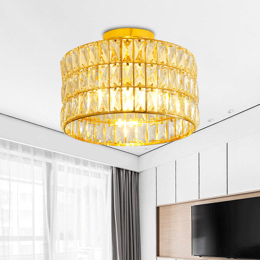 Simple Drum Semi Flush Ceiling Light 3 Bulbs Beveled Crystal Inserted Flush Mounted Fixture in Gold Gold Clearhalo 'Ceiling Lights' 'Close To Ceiling Lights' 'Close to ceiling' 'Semi-flushmount' Lighting' 800496