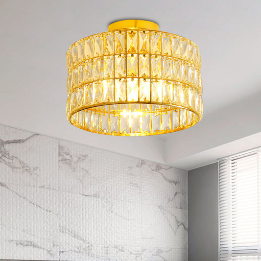 Simple Drum Semi Flush Ceiling Light 3 Bulbs Beveled Crystal Inserted Flush Mounted Fixture in Gold Clearhalo 'Ceiling Lights' 'Close To Ceiling Lights' 'Close to ceiling' 'Semi-flushmount' Lighting' 800497